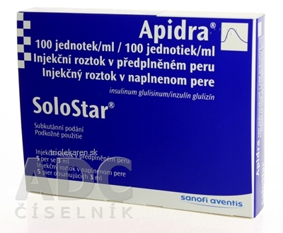 Apidra SoloStar 100 jednotiek/ml sol inj 100 IU/ ml (napl. pero- sklo- SoloStar) 5x3 ml