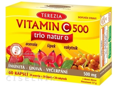 TEREZIA VITAMÍN C 500 trio natur+ kapsuly acerola 20 ks + šípka 20 ks + rakytník 20 ks