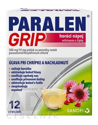 PARALEN GRIP horúci nápoj echinacea a šípky 500 mg/10 mg vrecúška 12 ks