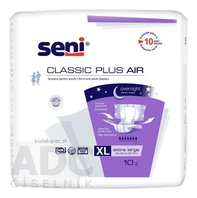 Seni CLASSIC PLUS AIR Extra Large XL plienkové noh. obvod 130-170 cm savosť 3100 ml 10 ks