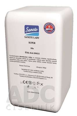 Sanete Lady Super vložky inkontinenčné, savosť 580 ml, veľkosť 38x12,5cm, 1x10 ks