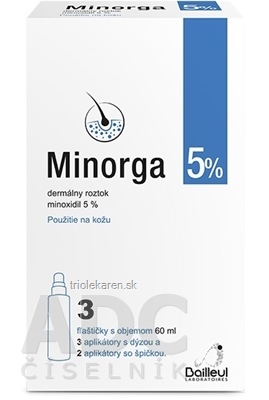 Minorga 5 % dermálny roztok sol der (fľ.HDPE+3 aplik.s dýzou+2 aplik.so špičkou) 3x60 ml