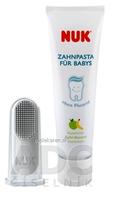 NUK DETSKÁ ZUBNÁ PASTA + NÁPRSTOK bez fluoridu príchuť jablko banán 40 ml + náprstok 1 set