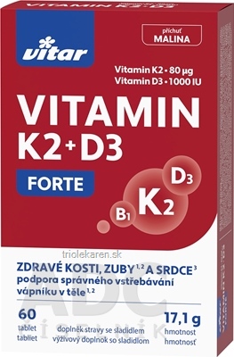 VITAR VITAMIN K2 + D3 FORTE tablety príchuť malina 60 ks