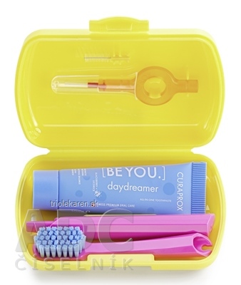 CURAPROX Travel set žltý zubná kefka 1 ks medzizubná kefka CPS 2 ks zubná pasta 10 ml