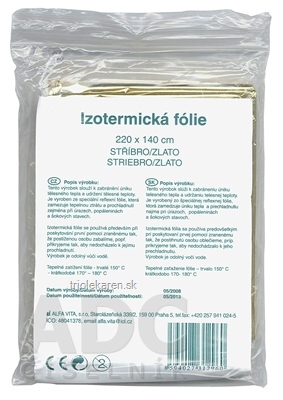 ALFA VITA Izotermická fólia 220 x140 cm, striebro/zlato 1x1 ks