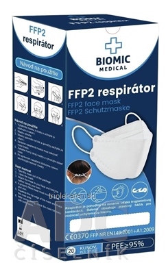 BIOMIC Respirátor FFP2, 3-panelový biely 1x20 ks