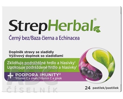 StrepHerbal Baza čierna a Echinacea pastilky s vitamínom C a zinkom 1x24 ks