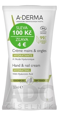 A-DERMA KRÉM na ruky a nechty HYDRATAČNÝ DUO s kyselinou hyalurónovou 2 x 50 ml