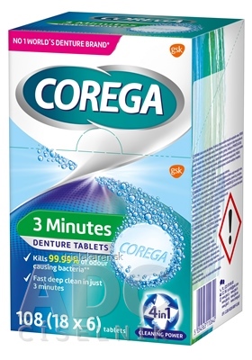 COREGA 3 Minutes DENTURE TABLETS antibakteriálne čistiace tablety 18x6 ks (108 ks)