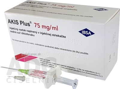 AKIS Plus 75 mg/ml sol iru (striek.inj.skl.napl.+3x ihla sivá+3x ihla zelená) 3x1 ml